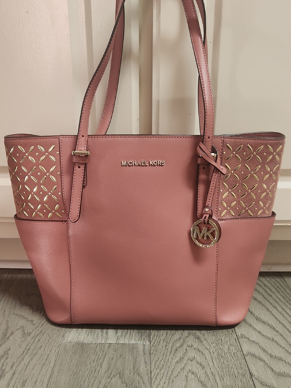 Michael Kors Rose Pink Saffiano Tote with Gold Emblem